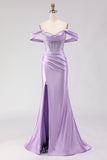 Purple Off The Shoulder Mermaid Beaded Corset Prom Dress With Slit