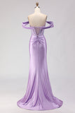 Purple Off The Shoulder Mermaid Beaded Corset Prom Dress With Slit
