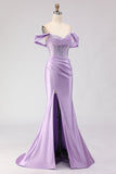 Purple Off The Shoulder Mermaid Beaded Corset Prom Dress With Slit
