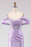 Purple Off The Shoulder Mermaid Beaded Corset Prom Dress With Slit