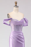Purple Off The Shoulder Mermaid Beaded Corset Prom Dress With Slit