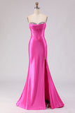 Fuchsia Sweetheart Beaded Satin Mermaid Prom Dress With Slit