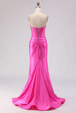 Fuchsia Sweetheart Beaded Satin Mermaid Prom Dress With Slit