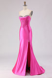 Fuchsia Sweetheart Beaded Satin Mermaid Prom Dress With Slit