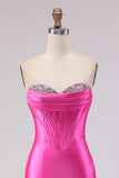 Fuchsia Sweetheart Beaded Satin Mermaid Prom Dress With Slit