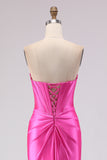 Fuchsia Sweetheart Beaded Satin Mermaid Prom Dress With Slit