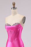 Fuchsia Sweetheart Beaded Satin Mermaid Prom Dress With Slit