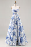 Floral Blue Strapless A-Line Corset Prom Dress With Slit
