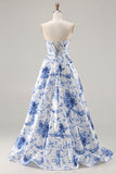 Floral Blue Strapless A-Line Corset Prom Dress With Slit