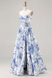 Floral Blue Strapless A-Line Corset Prom Dress With Slit
