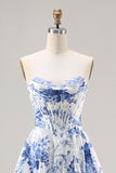 Floral Blue Strapless A-Line Corset Prom Dress With Slit