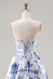 Floral Blue Strapless A-Line Corset Prom Dress With Slit