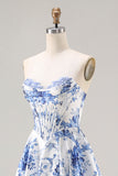 Floral Blue Strapless A-Line Corset Prom Dress With Slit