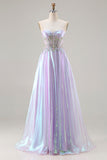 Purple Strapless Corset Beaded A-Line Prom Dress With Appliques