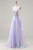 Purple Strapless Corset Beaded A-Line Prom Dress With Appliques