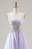 Purple Strapless Corset Beaded A-Line Prom Dress With Appliques