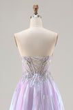 Purple Strapless Corset Beaded A-Line Prom Dress With Appliques