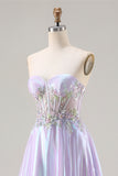 Purple Strapless Corset Beaded A-Line Prom Dress With Appliques