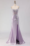 Strapless Mermaid Corset Beaded Light Purple Prom Dress With Slit