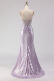 Strapless Mermaid Corset Beaded Light Purple Prom Dress With Slit