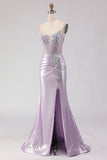 Strapless Mermaid Corset Beaded Light Purple Prom Dress With Slit