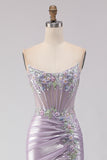 Strapless Mermaid Corset Beaded Light Purple Prom Dress With Slit