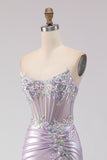 Strapless Mermaid Corset Beaded Light Purple Prom Dress With Slit