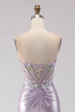 Strapless Mermaid Corset Beaded Light Purple Prom Dress With Slit