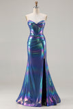 Metallic Navy Strapless Corset Mermaid Prom Dress With Slit