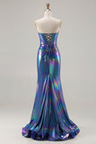 Metallic Navy Strapless Corset Mermaid Prom Dress With Slit