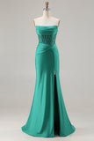 Dark Green Strapless Mermaid Corset Prom Dress With Slit