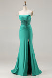 Dark Green Strapless Mermaid Corset Prom Dress With Slit