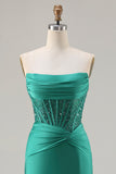 Dark Green Strapless Mermaid Corset Prom Dress With Slit