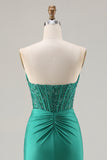 Dark Green Strapless Mermaid Corset Prom Dress With Slit