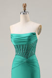 Dark Green Strapless Mermaid Corset Prom Dress With Slit