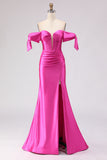 Off The Shoulder Fuchsia Beaded Mermaid Prom Dress With Slit