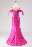Off The Shoulder Fuchsia Beaded Mermaid Prom Dress With Slit