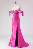 Off The Shoulder Fuchsia Beaded Mermaid Prom Dress With Slit