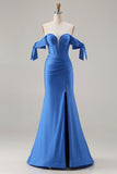 Royal Blue Off The Shoulder Mermaid Satin Prom Dress With Slit