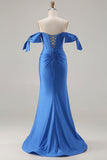 Royal Blue Off The Shoulder Mermaid Satin Prom Dress With Slit