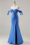 Royal Blue Off The Shoulder Mermaid Satin Prom Dress With Slit