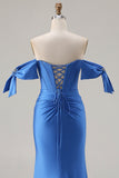 Royal Blue Off The Shoulder Mermaid Satin Prom Dress With Slit