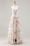 Pink Floral A-Line Corset Tiered Sweetheart Prom Dress With Slit