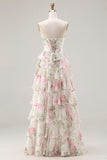 Pink Floral A-Line Corset Tiered Sweetheart Prom Dress With Slit