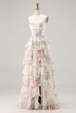 Pink Floral A-Line Corset Tiered Sweetheart Prom Dress With Slit