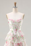 Pink Floral A-Line Corset Tiered Sweetheart Prom Dress With Slit