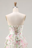 Pink Floral A-Line Corset Tiered Sweetheart Prom Dress With Slit