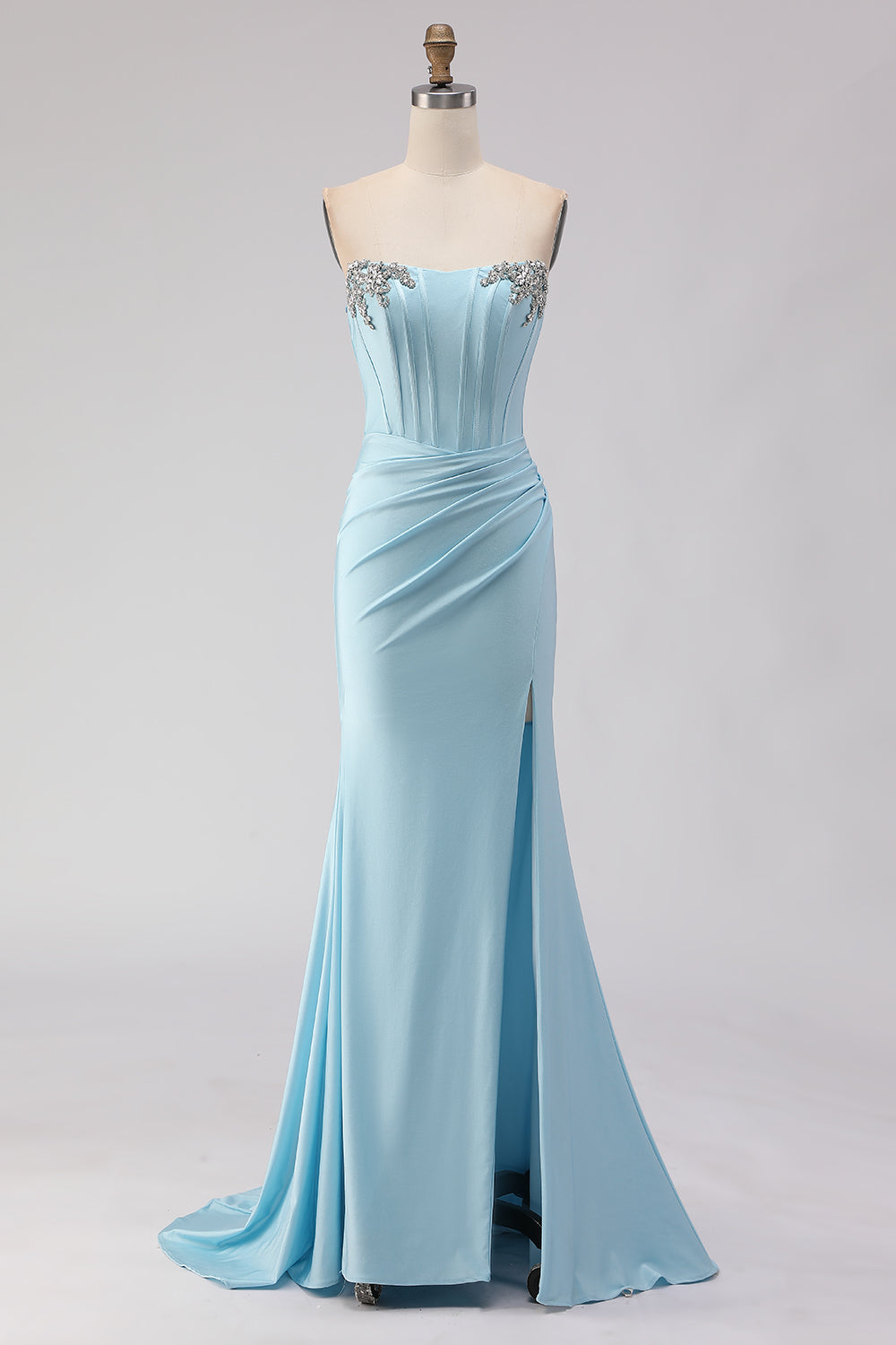 Berylove Women Sky Blue Strapless Prom Dress With Slit Mermaid Corset Satin Beaded Lace Up Back Maxi Party Dress Berylove Women Sky Blue Strapless Prom Dress With Slit Mermaid Corset Satin Beaded Lace Up Back Maxi Party Dress