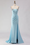 Strapless Mermaid Sky Blue Satin Corset Prom Dress With Slit