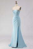 Strapless Mermaid Sky Blue Satin Corset Prom Dress With Slit